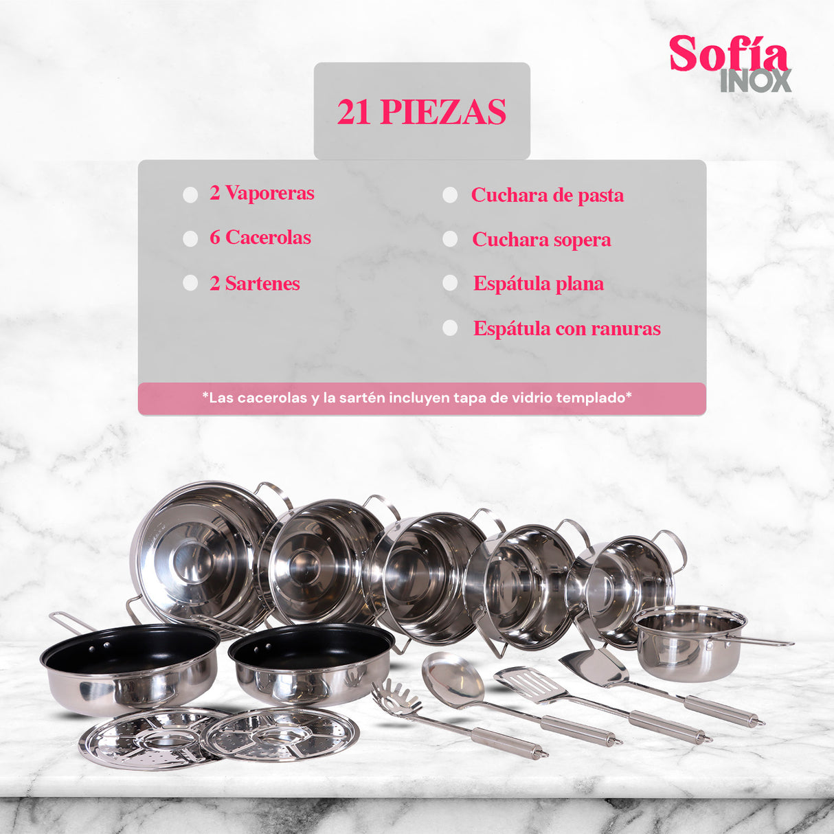 Batería de Cocina Sofia Inox Acero Inoxidable 21 Piezas