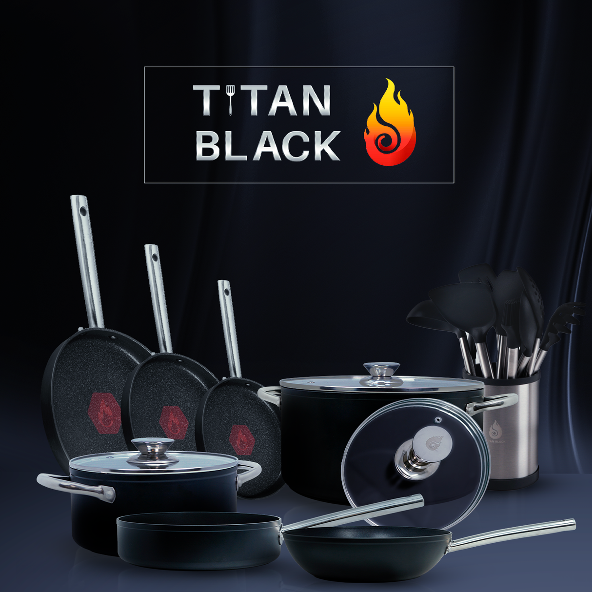 TITAN BLACK: Batería de cocina elaborada con titanio, 22 piezas de alta gama